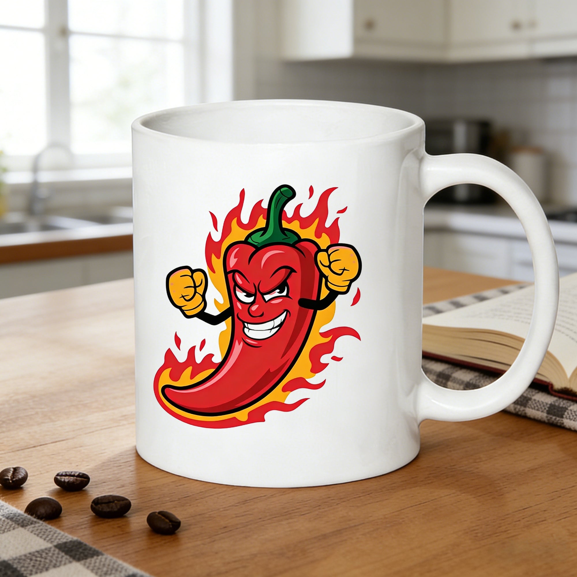 Tailorly White Ceramic 11 oz Mug - spicy chili flames chili pepper print