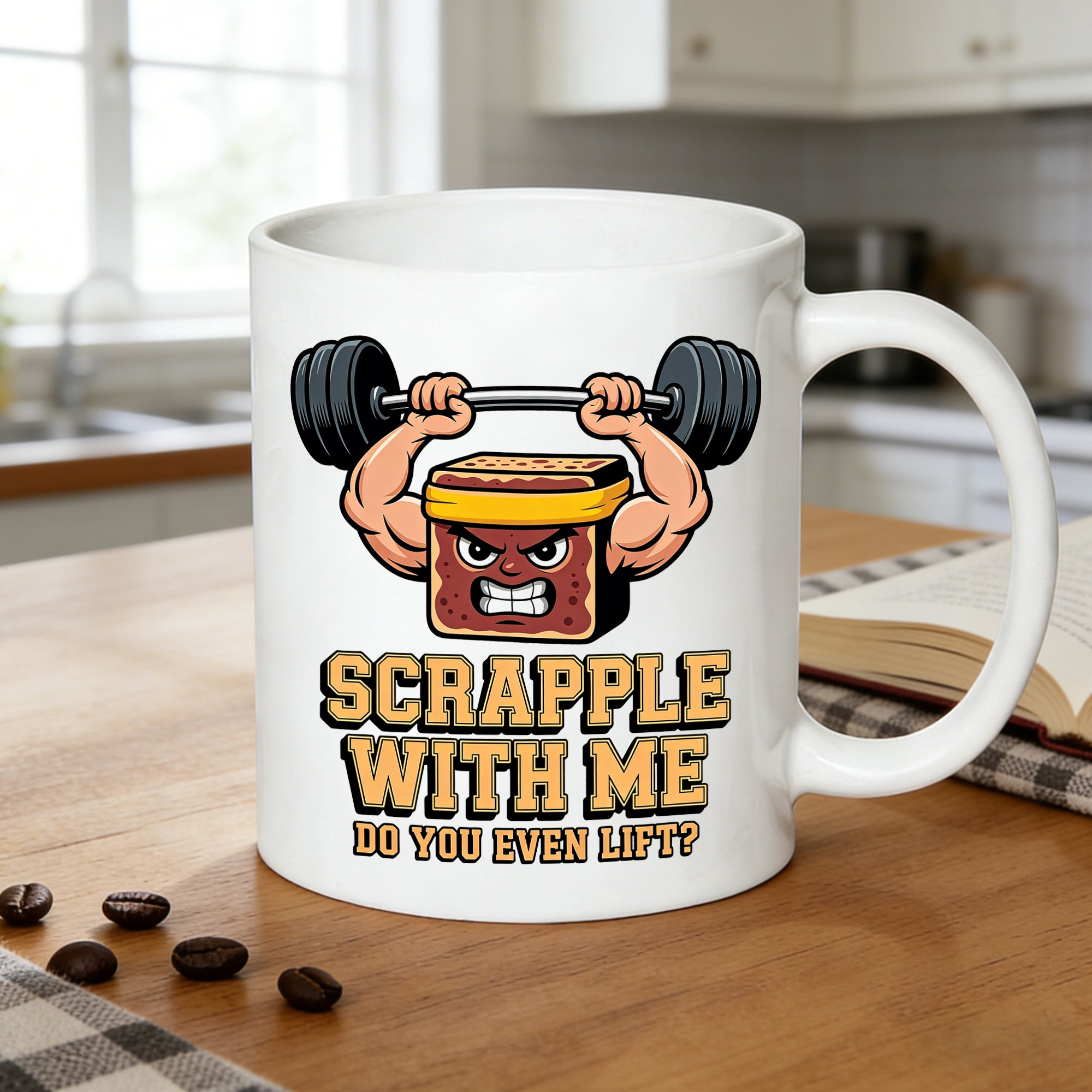 Tailorly White Ceramic 11 oz Mug - strong scrapple character lifting weights
