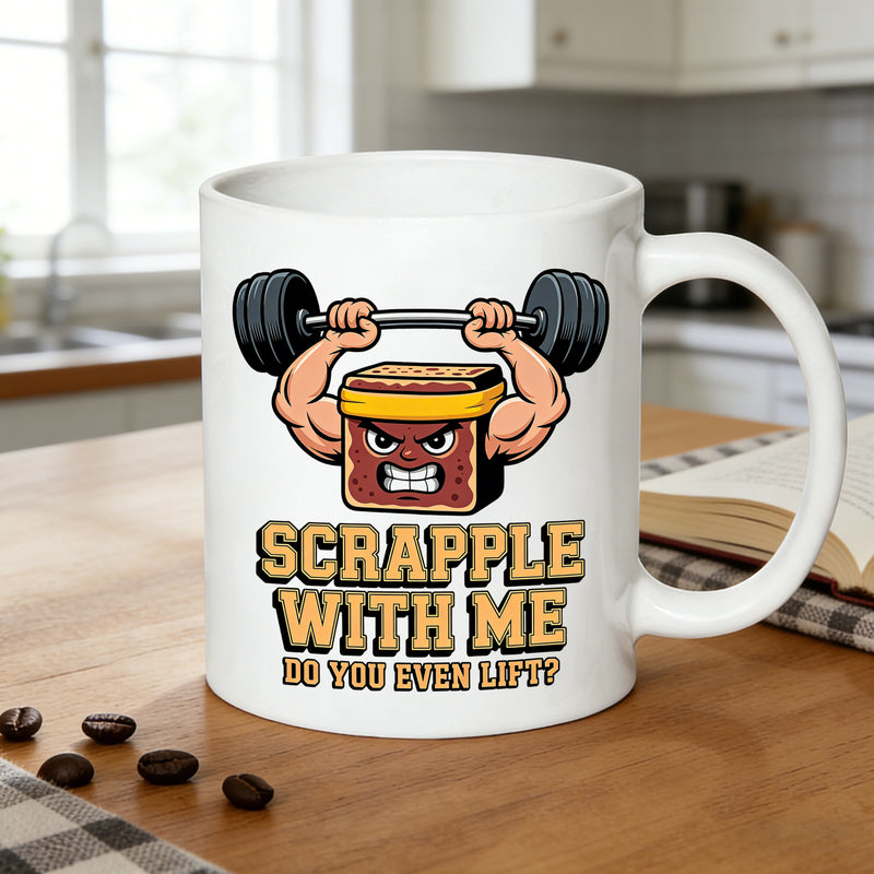 Tailorly White Ceramic 11 oz Mug - strong scrapple character lifting weights