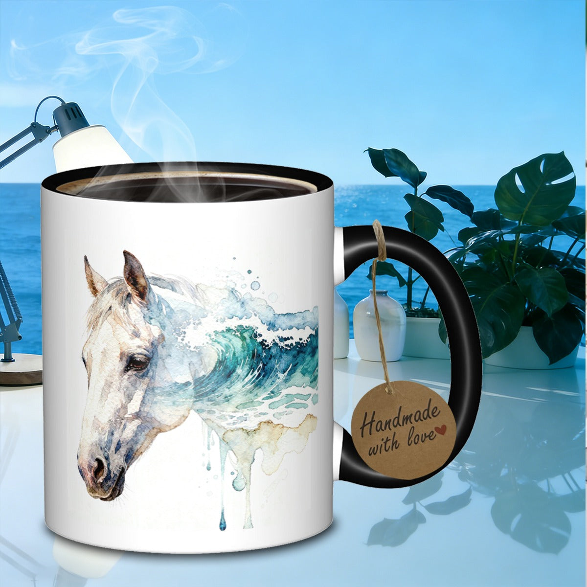 Tailorly Black Accent 11 oz Mug - horse and ocean wave