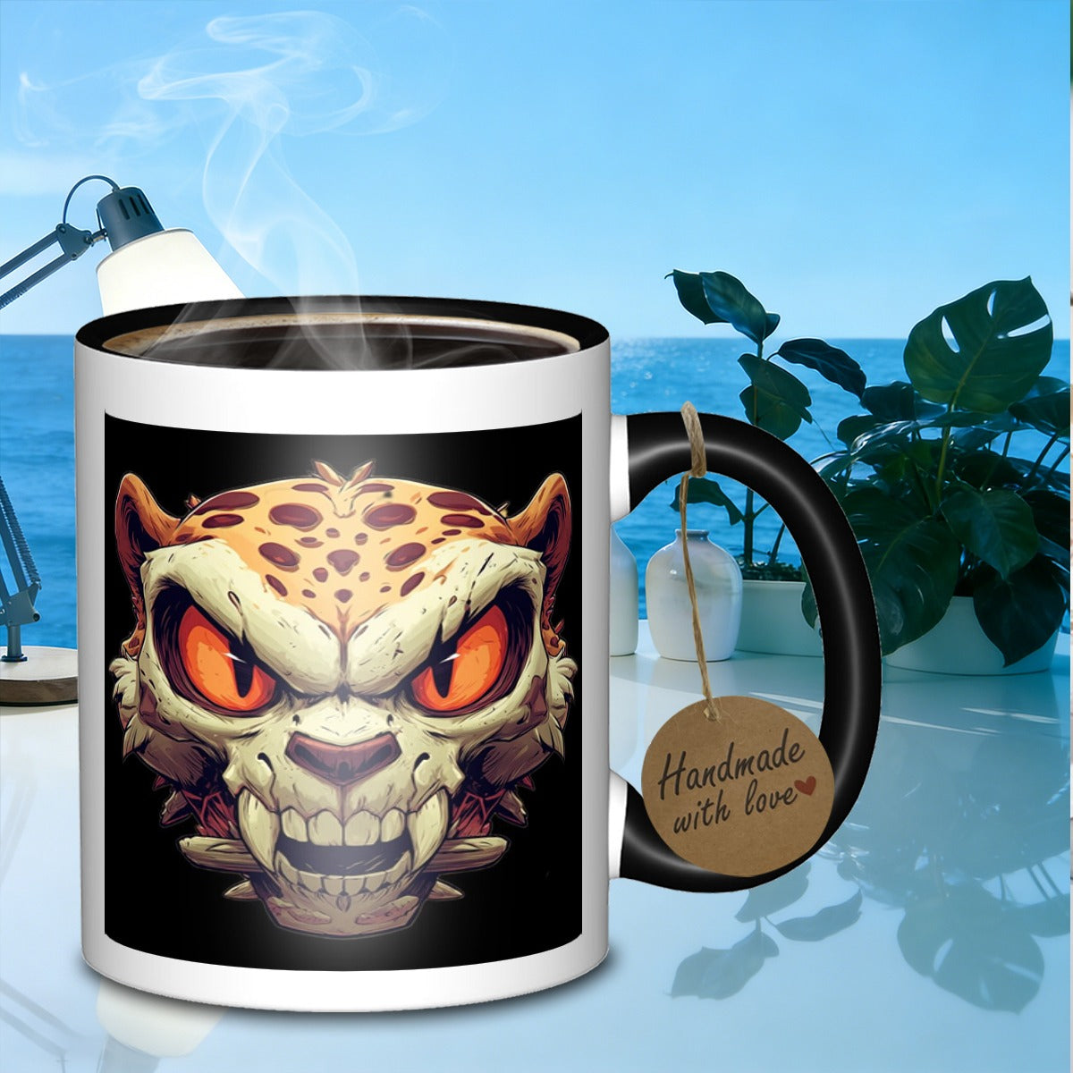 Tailorly Black Accent 11 oz Mug - spotted feline skull