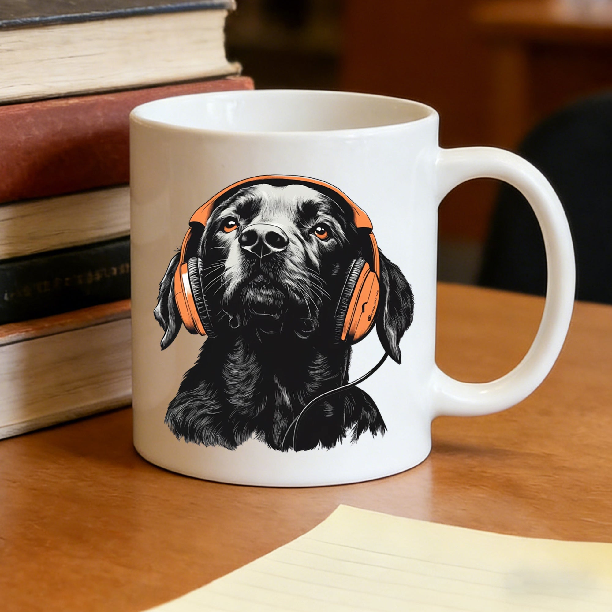 Tailorly White Ceramic 11 oz Mug - dog with headphones and music notes