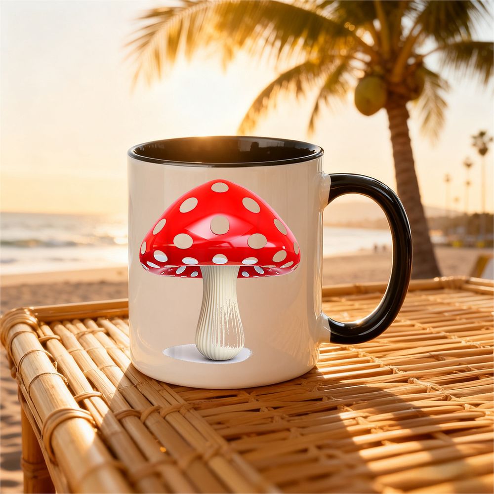 Tailorly Black Accent 11 oz Mug - flying mushroom ink print