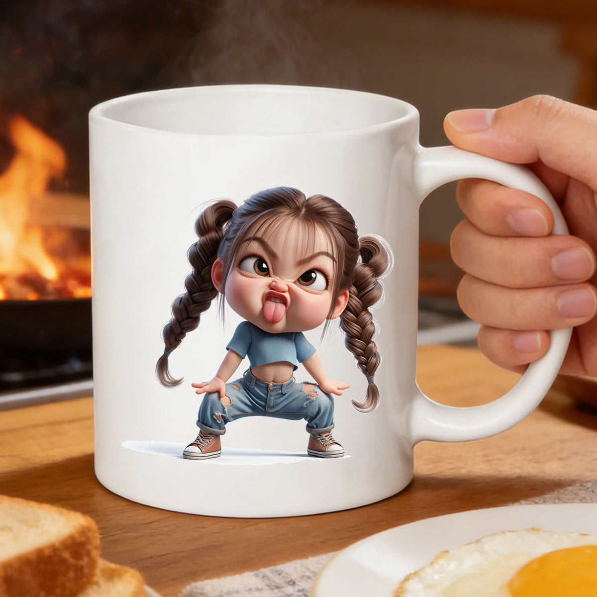 Tailorly White Ceramic 11 oz Mug - funny cow with messy hair