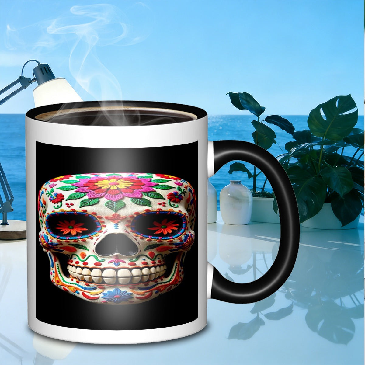 Tailorly Black Accent 11 oz Mug - sugar skull flowersbalanced use mug galaxy mug enamel suitable for daily work outdoor picnics and other occasions