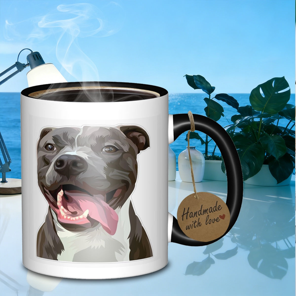 Tailorly Black Accent 11 oz Mug - happy pitbull portrait