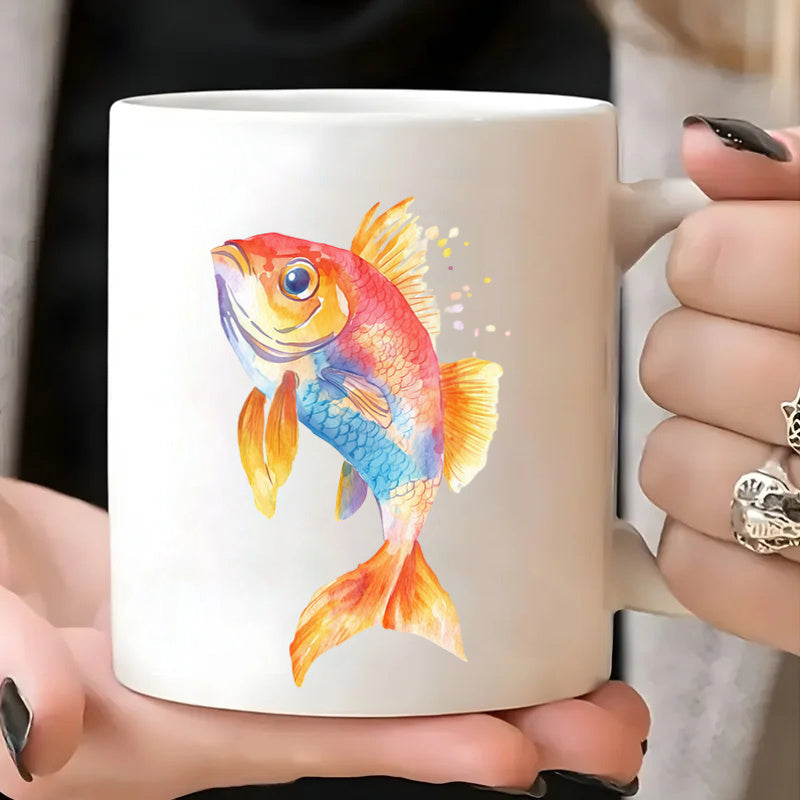 Tailorly White Ceramic 11 oz Mug - vibrant hand painted watercolor red orange blue gold design