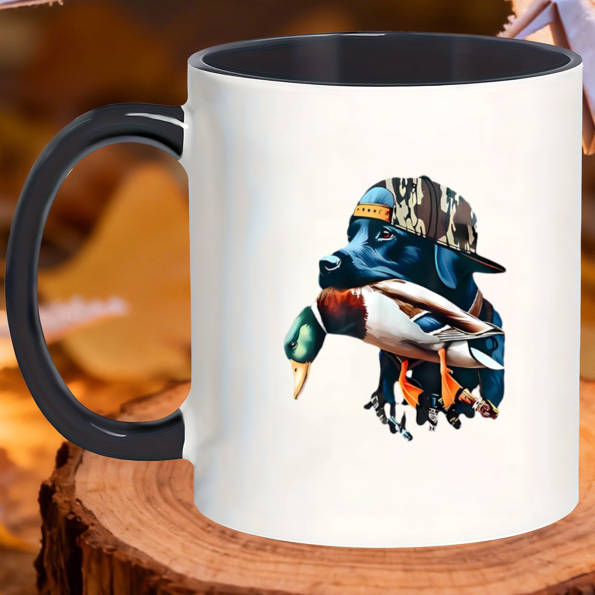 Tailorly Black Accent 11 oz Mug - black hunting dog with a duck