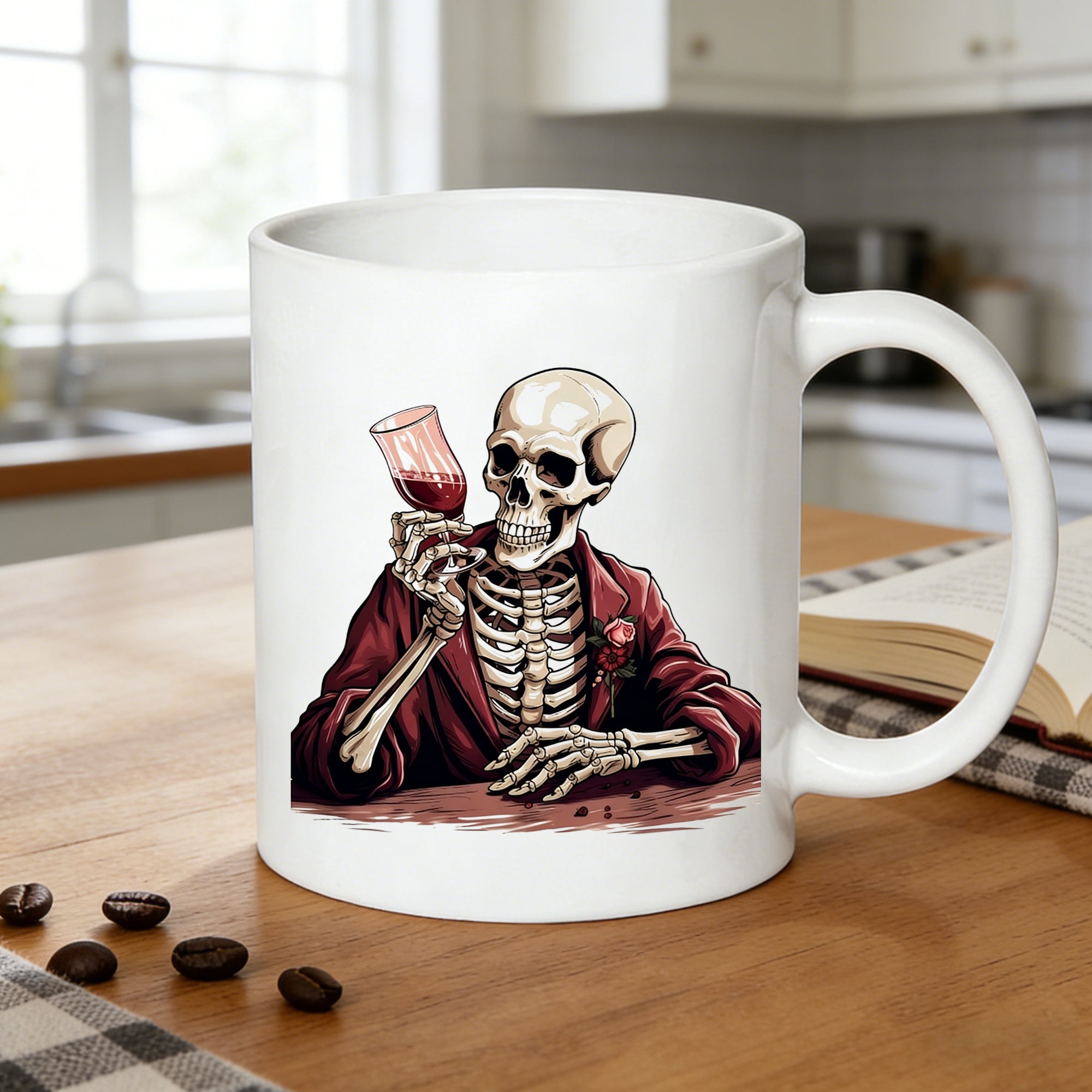 Tailorly White Ceramic 11 oz Mug - gothic skeleton in suit with red wine