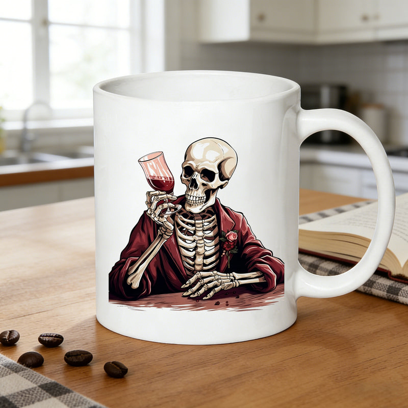 Tailorly White Ceramic 11 oz Mug - gothic skeleton in suit with red wine