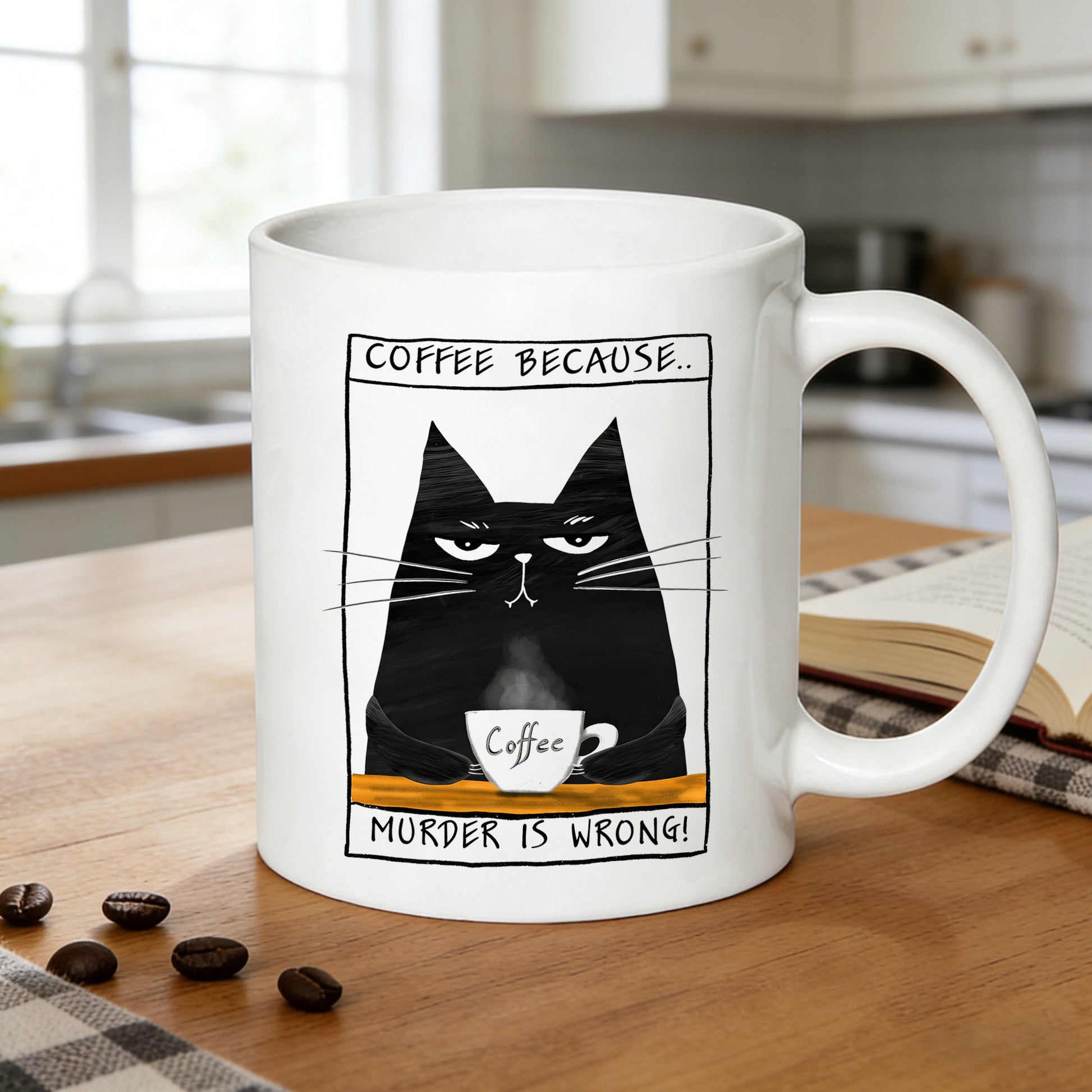 Tailorly White Ceramic 11 oz Mug - coffee murder is cat sassy black funny gift