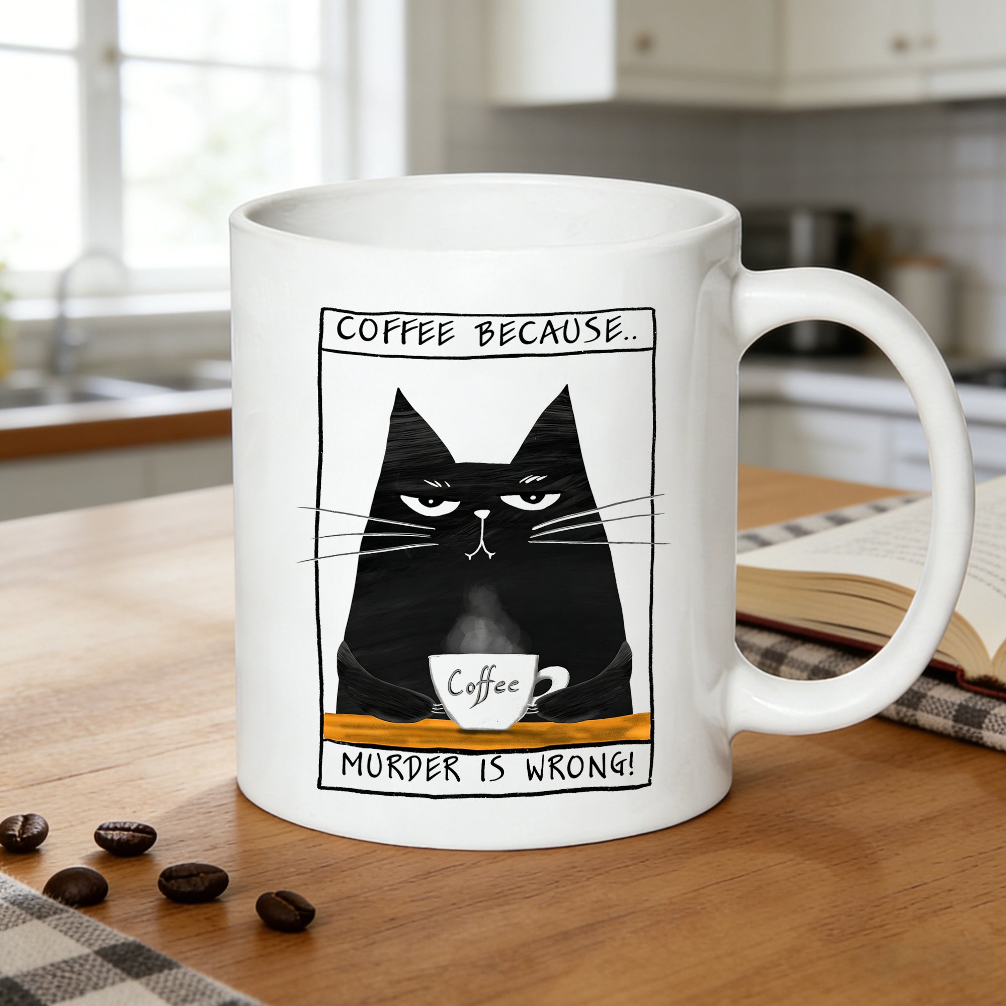 Tailorly White Ceramic 11 oz Mug - coffee murder is cat sassy black funny gift