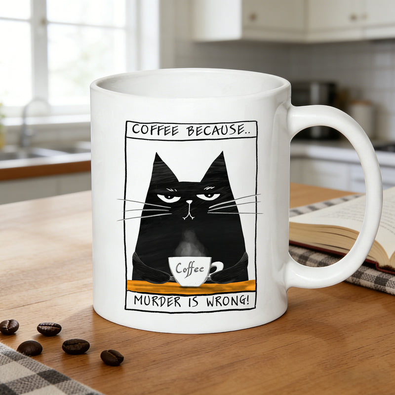 Tailorly White Ceramic 11 oz Mug - coffee murder is cat sassy black funny gift