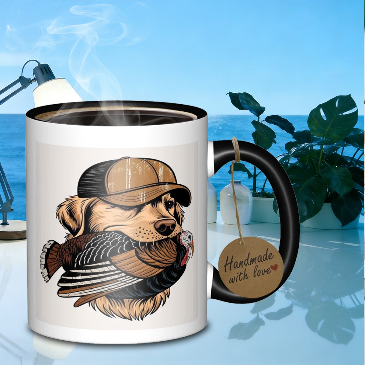 Tailorly Black Accent 11 oz Mug - dog with a turkey