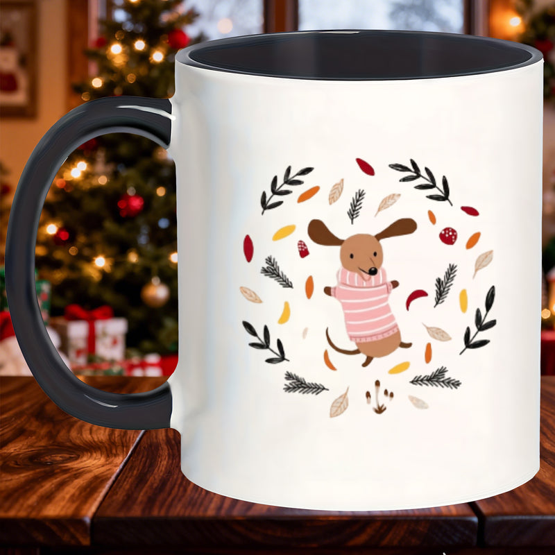 Tailorly Black Accent 11 oz Mug - durable porcelain mugs featuring an adorable dachshund in a winter sweater herbal tea lemonade parties or soup