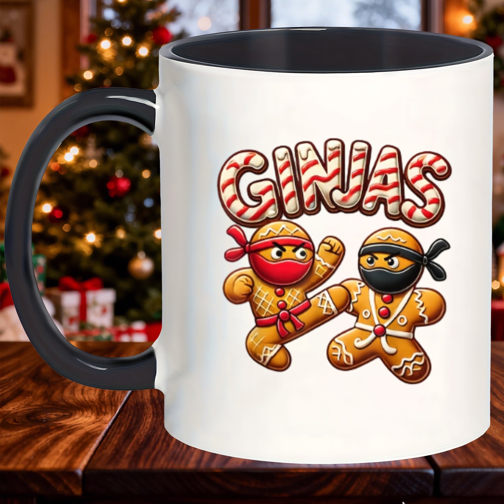 Tailorly Black Accent 11 oz Mug - stylish mugs featuring quirky gingerbread ninjas post workout shakes lemonade in the yard or calming chamomile tea