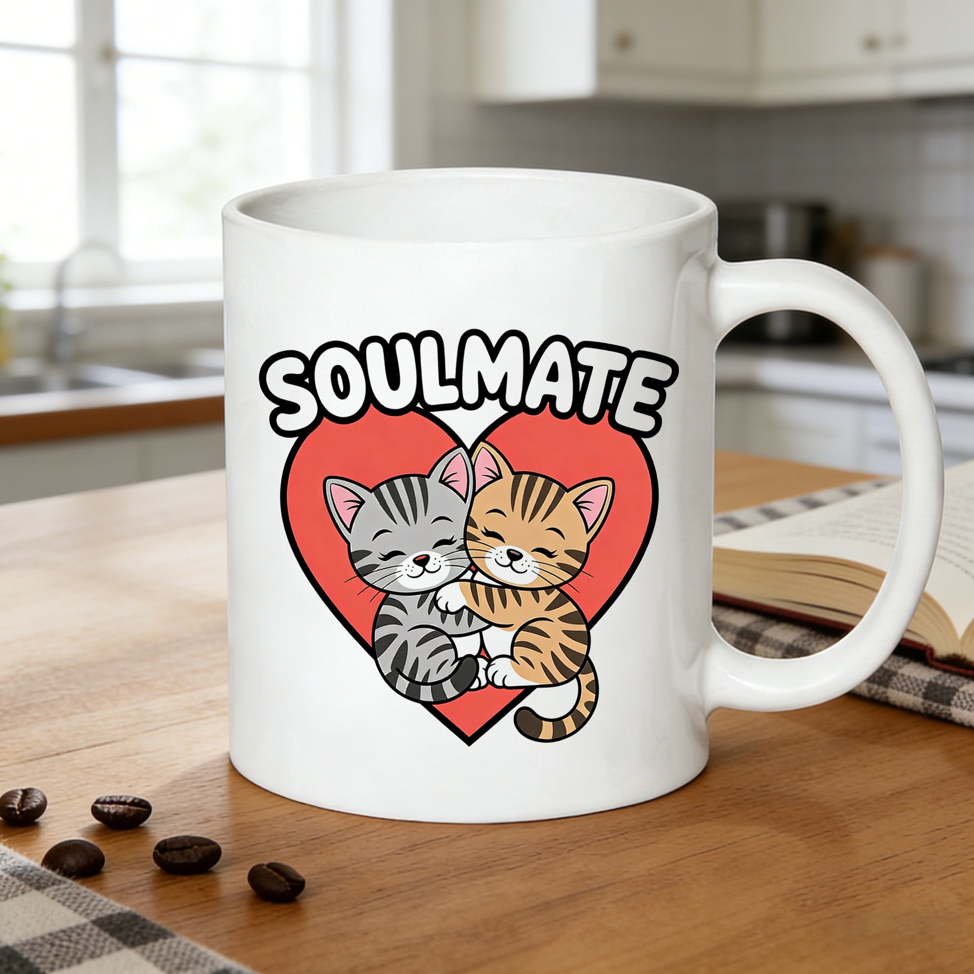 Tailorly White Ceramic 11 oz Mug - cuddling tabby cats with heart print