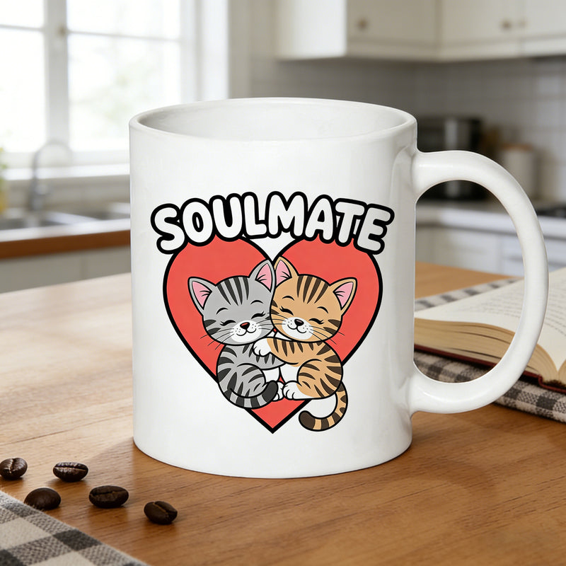 Tailorly White Ceramic 11 oz Mug - cuddling tabby cats with heart print