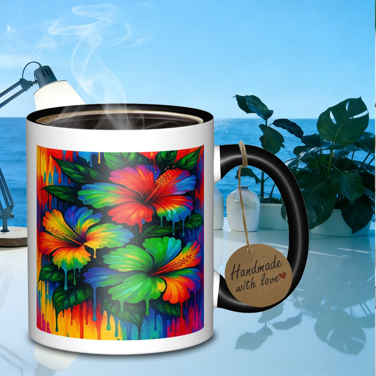 Tailorly Black Accent 11 oz Mug - colorful hibiscus blossoms