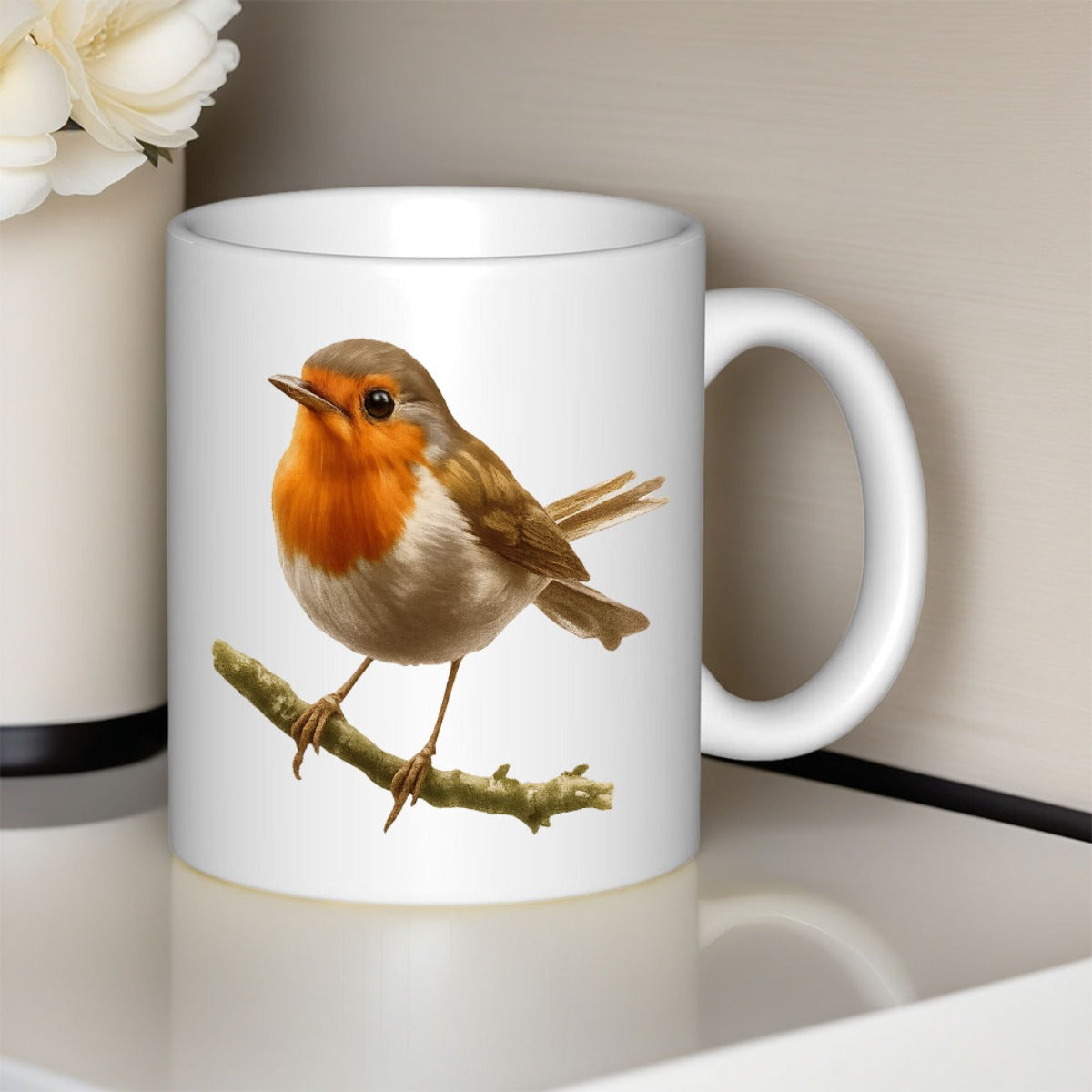 Tailorly White Ceramic 11 oz Mug - robin design