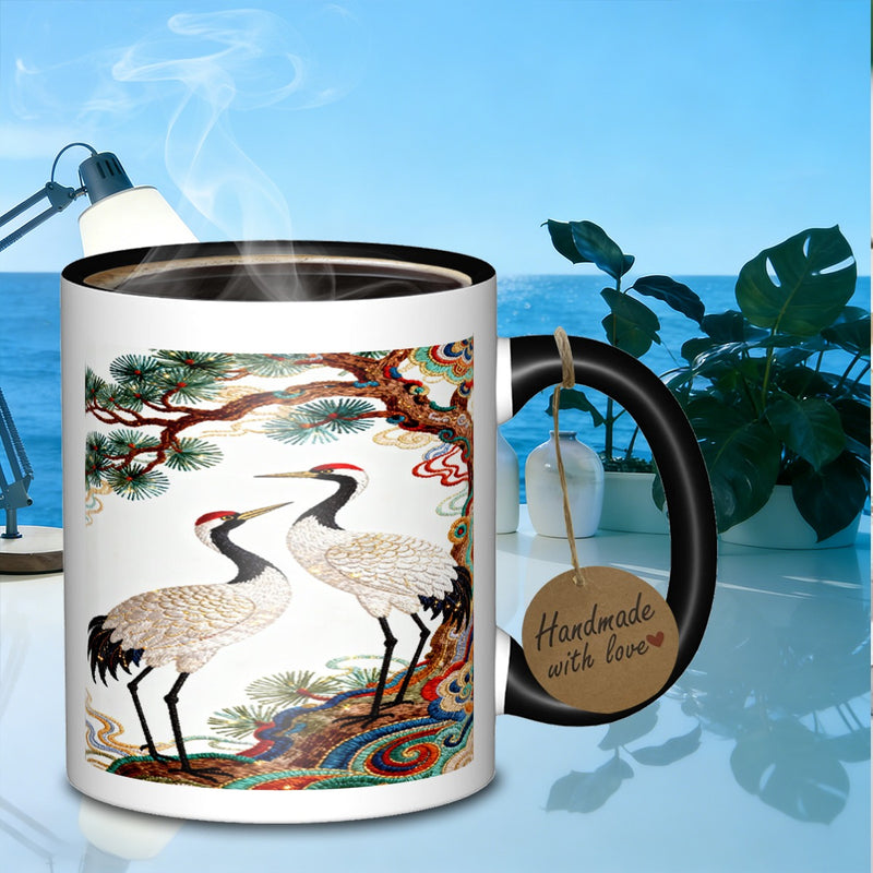 Tailorly Black Accent 11 oz Mug - crane pair with treedailycommuters mug with melamine _0398a3ef60de4d2b984cb46cdb77ee88