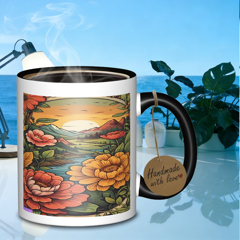 Tailorly Black Accent 11 oz Mug - floral mountain landscape