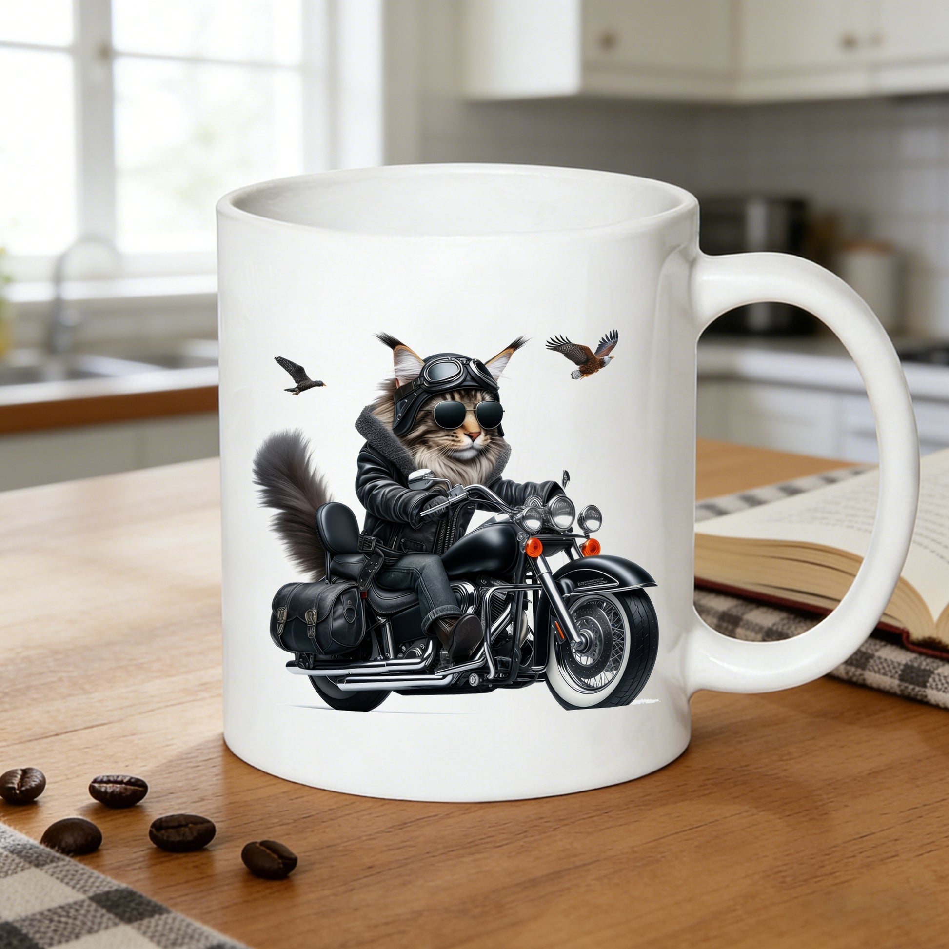 Tailorly White Ceramic 11 oz Mug - biker cat on motorcycle