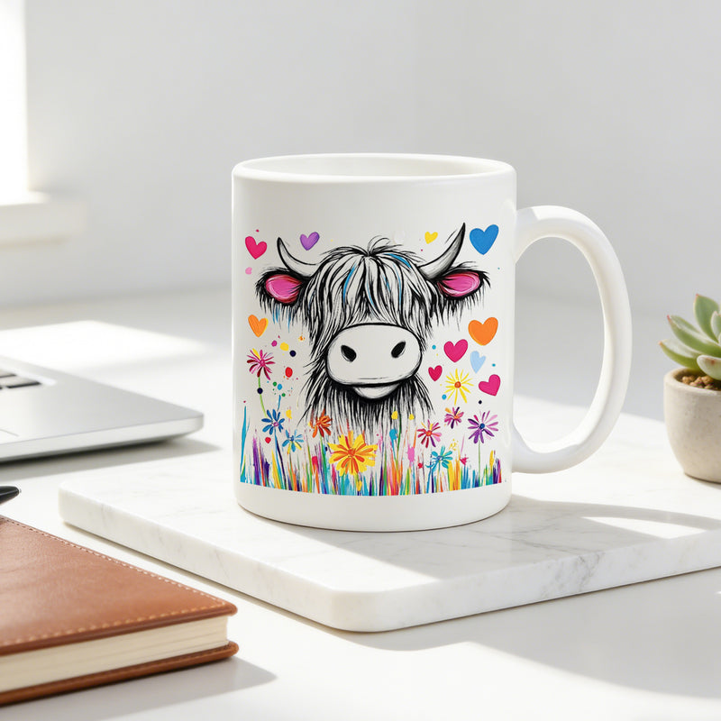 Tailorly White Ceramic 11 oz Mug - colorful highland cow with whimsical floral heart print