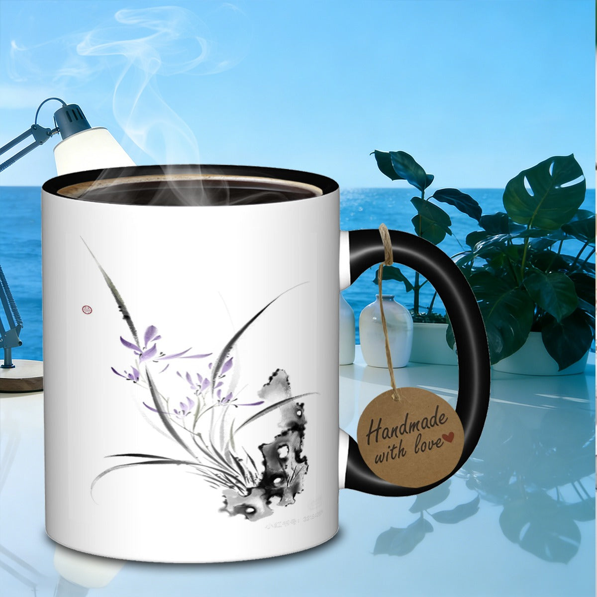 Tailorly Black Accent 11 oz Mug - purple floral ink painting