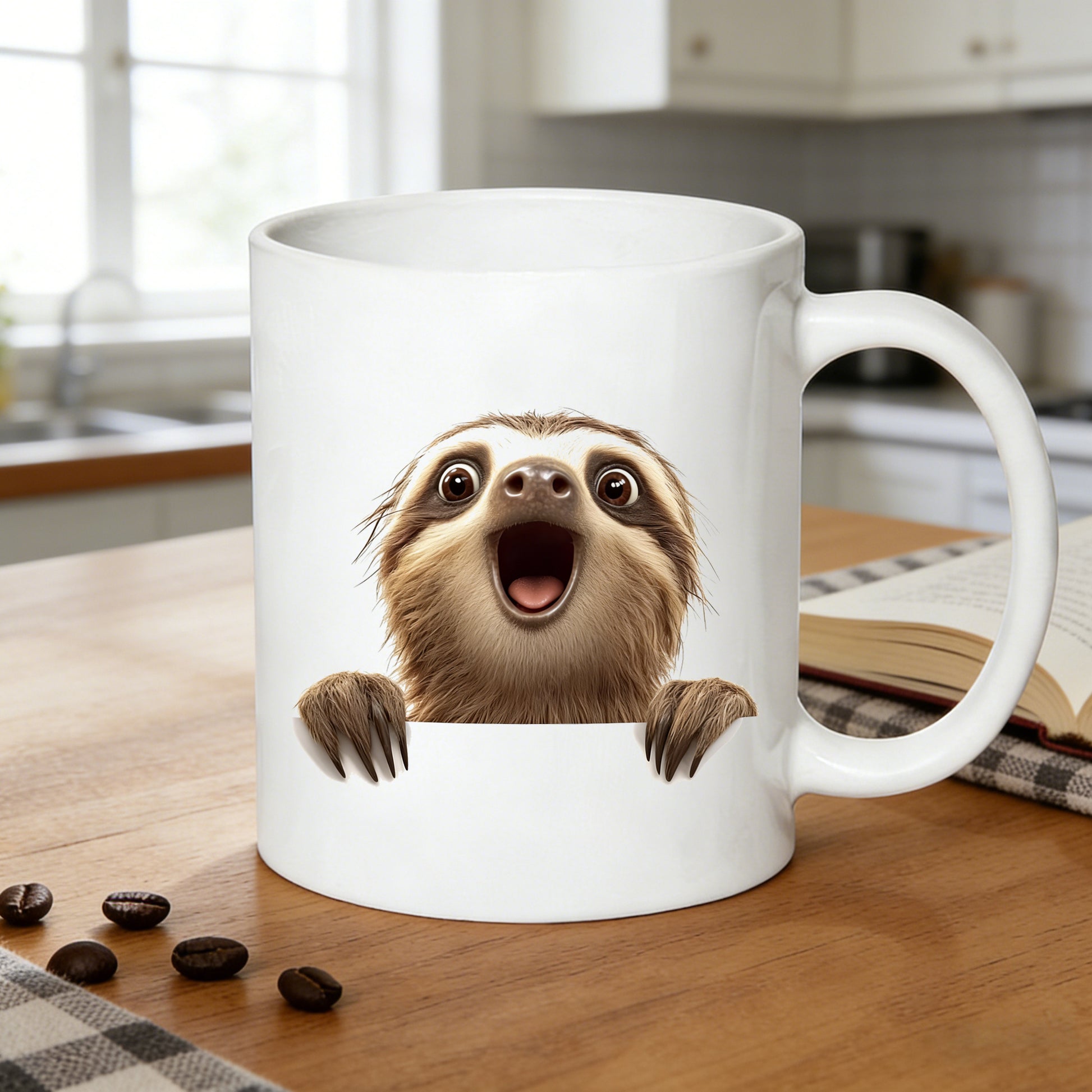 Tailorly White Ceramic 11 oz Mug - realistic sloth peeking over edge