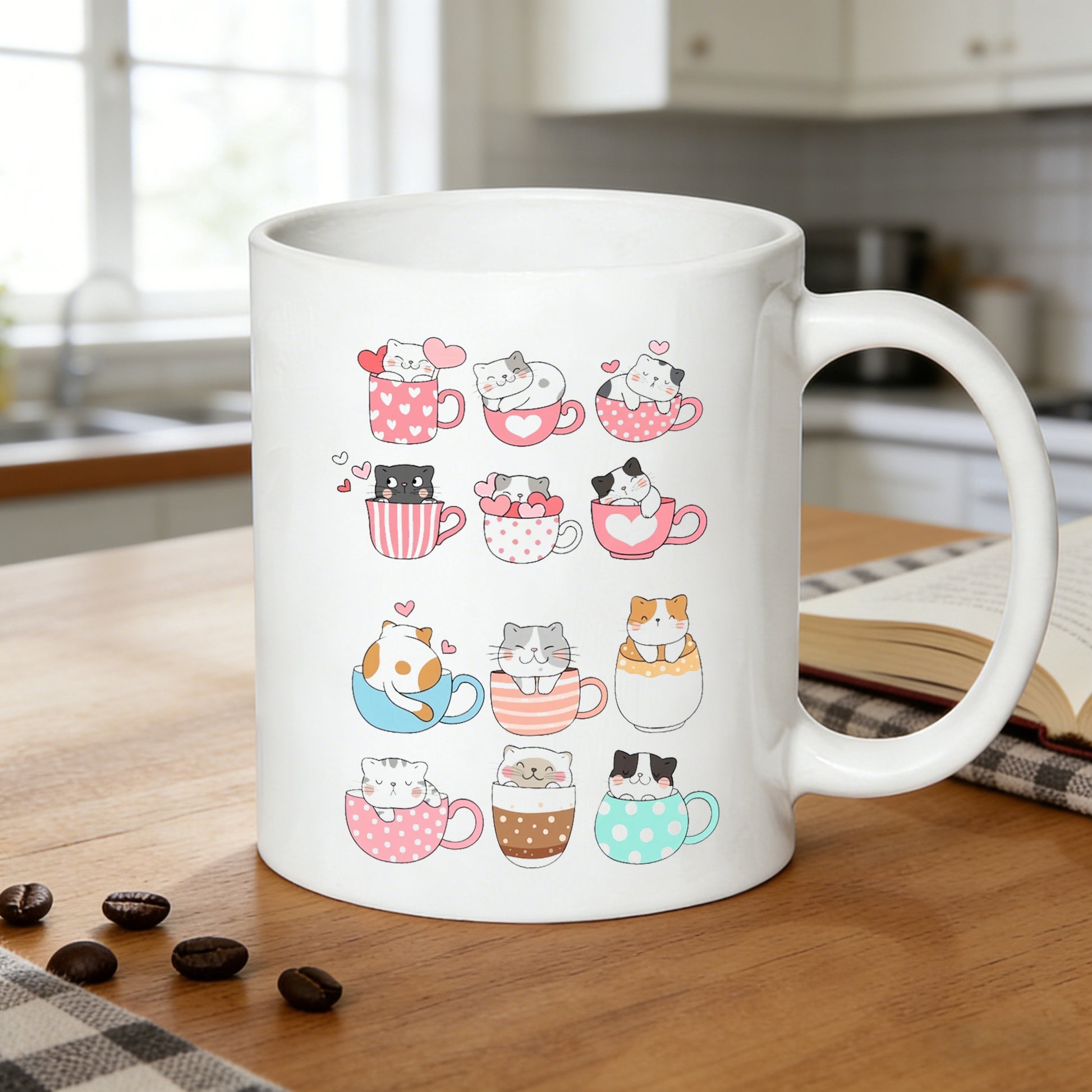 Tailorly White Ceramic 11 oz Mug - cartoon kitten