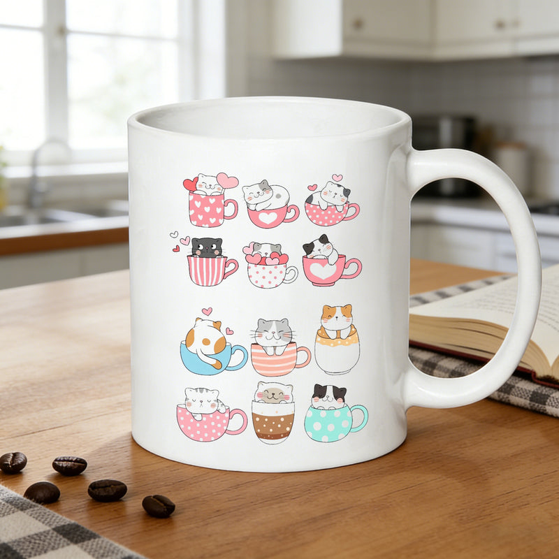 Tailorly White Ceramic 11 oz Mug - cartoon kitten