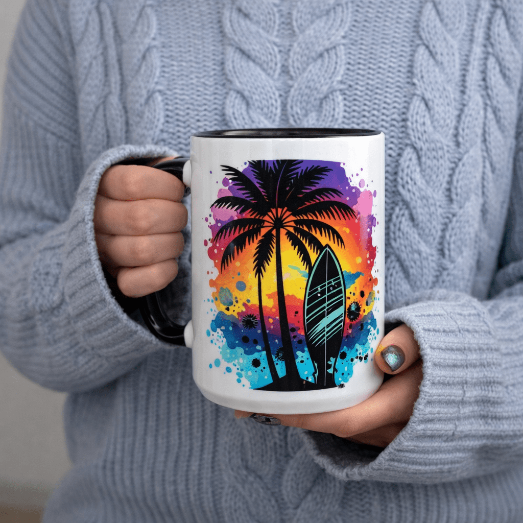 Tailorly Black Accent 11 oz Mug - tree and surfboard sunset watercolor