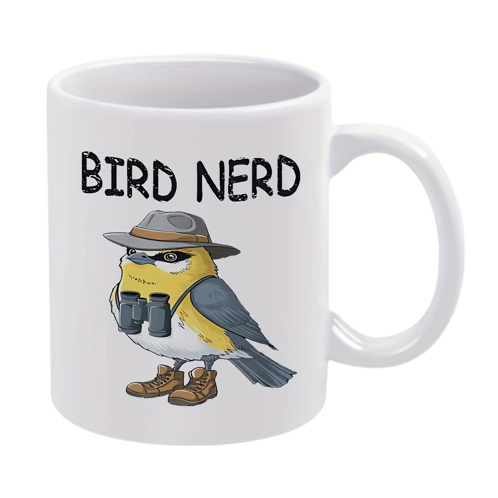 Tailorly White Ceramic 11 oz Mug - bird binoculars hat funny mug