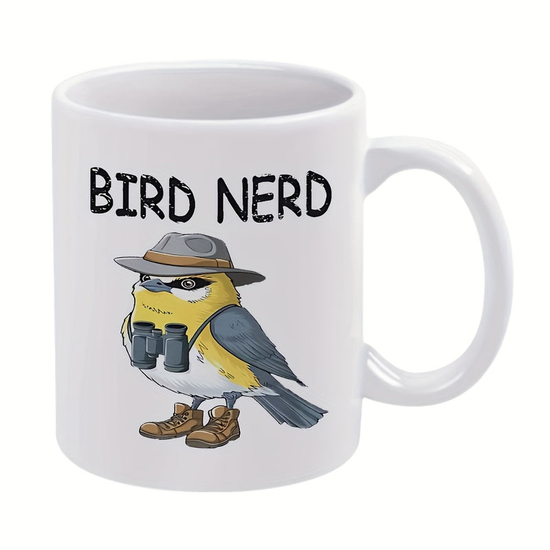 Tailorly White Ceramic 11 oz Mug - bird binoculars hat funny mug