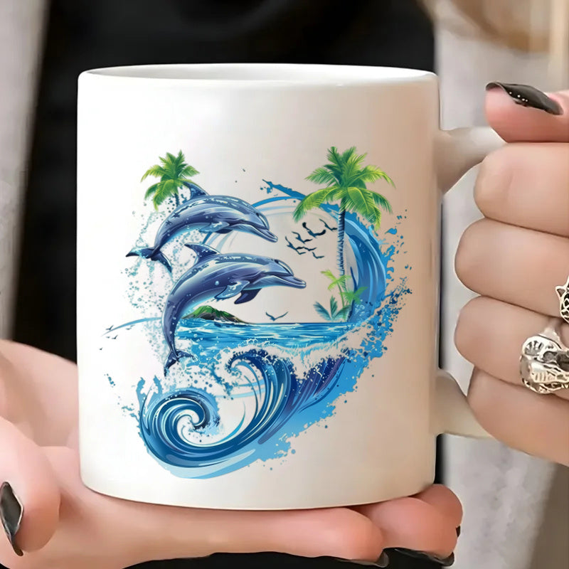 Tailorly White Ceramic 11 oz Mug - watercolor blue tropical ocean theme design jumping wavy palm tree