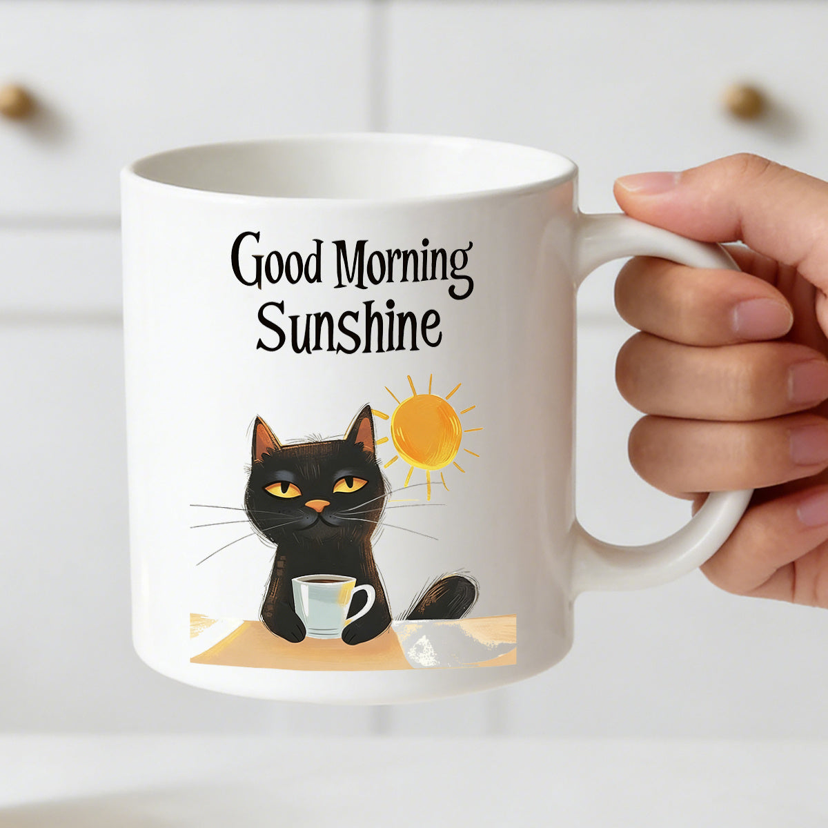 Tailorly White Ceramic 11 oz Mug - sunshine black cat coffee
