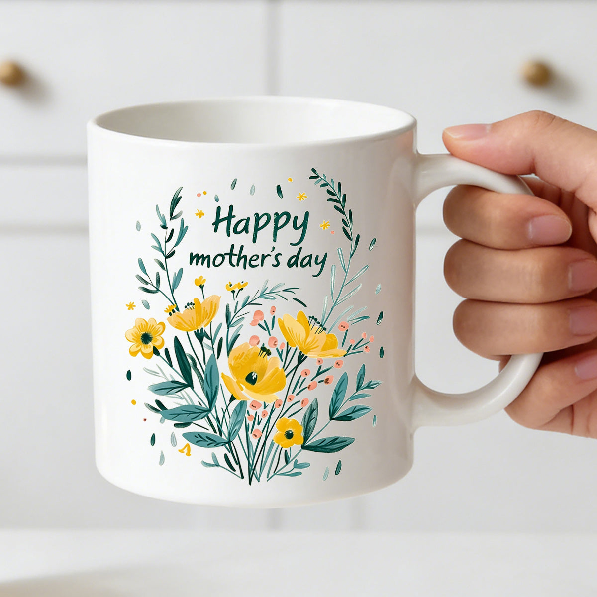 Tailorly White Ceramic 11 oz Mug - yellow flower arrangement