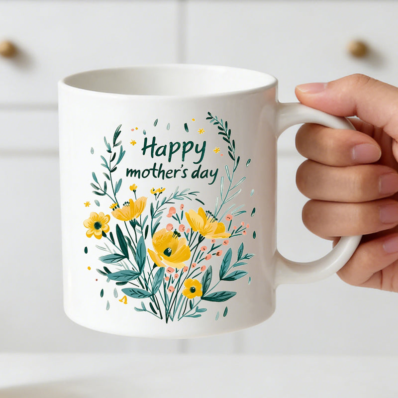 Tailorly White Ceramic 11 oz Mug - yellow flower arrangement