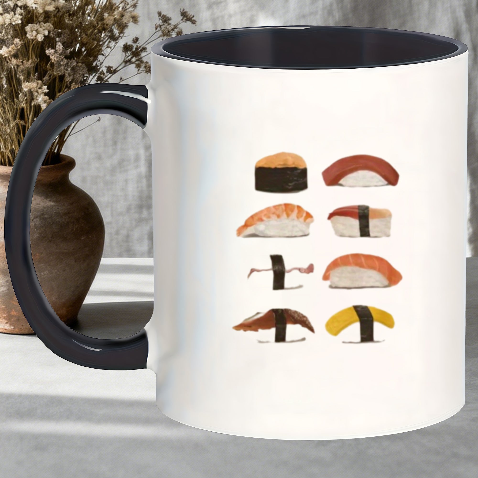 Tailorly Black Accent 11 oz Mug - sushi themed fish print
