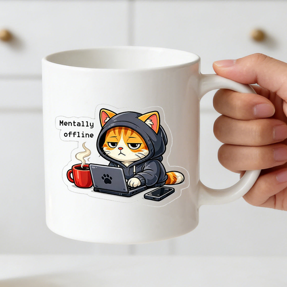 Tailorly White Ceramic 11 oz Mug - cute cat with laptop