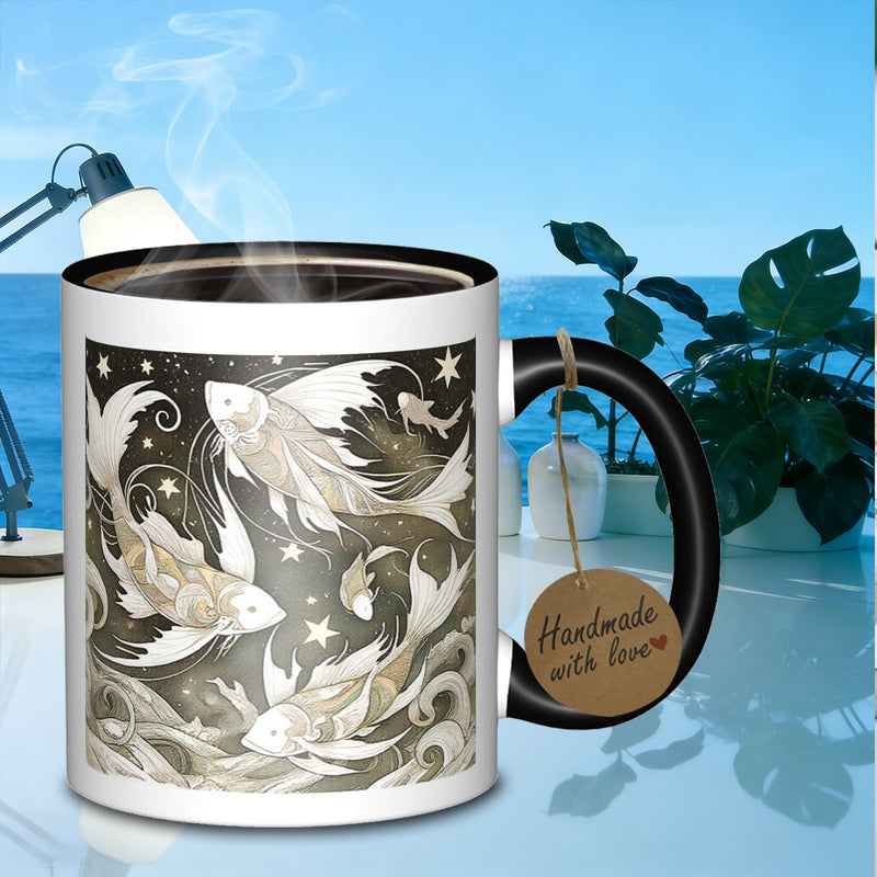Tailorly Black Accent 11 oz Mug - celestial koi fish stars
