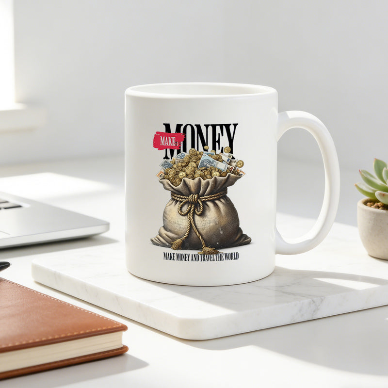 Tailorly White Ceramic 11 oz Mug - make money and coffee vintage cup ideal gift travel fans