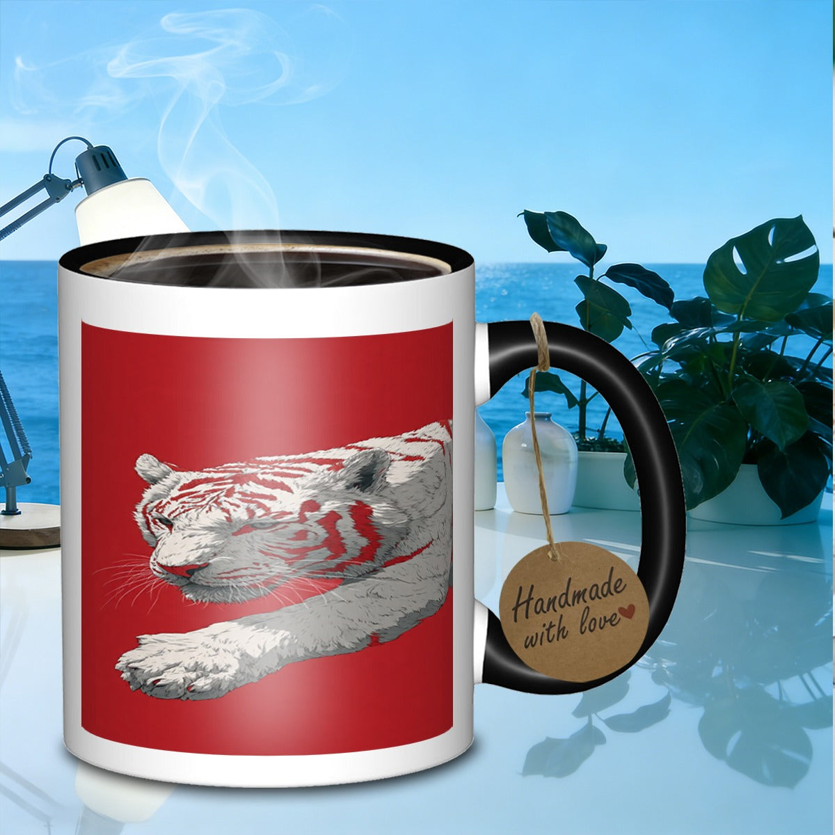 Tailorly Black Accent 11 oz Mug - white tiger portrait
