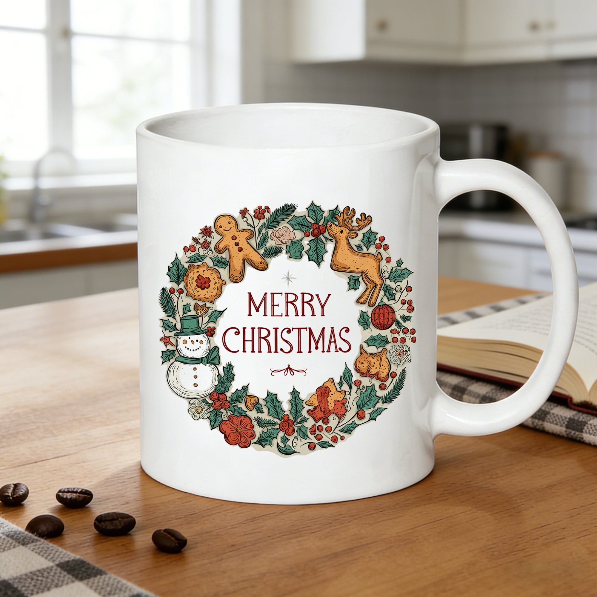 Tailorly White Ceramic 11 oz Mug - vintage merry christmas wreath