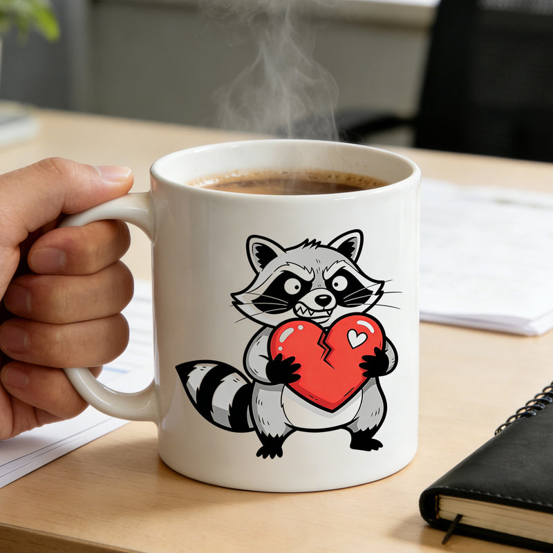 Tailorly White Ceramic 11 oz Mug - raccoon holding coffee cup