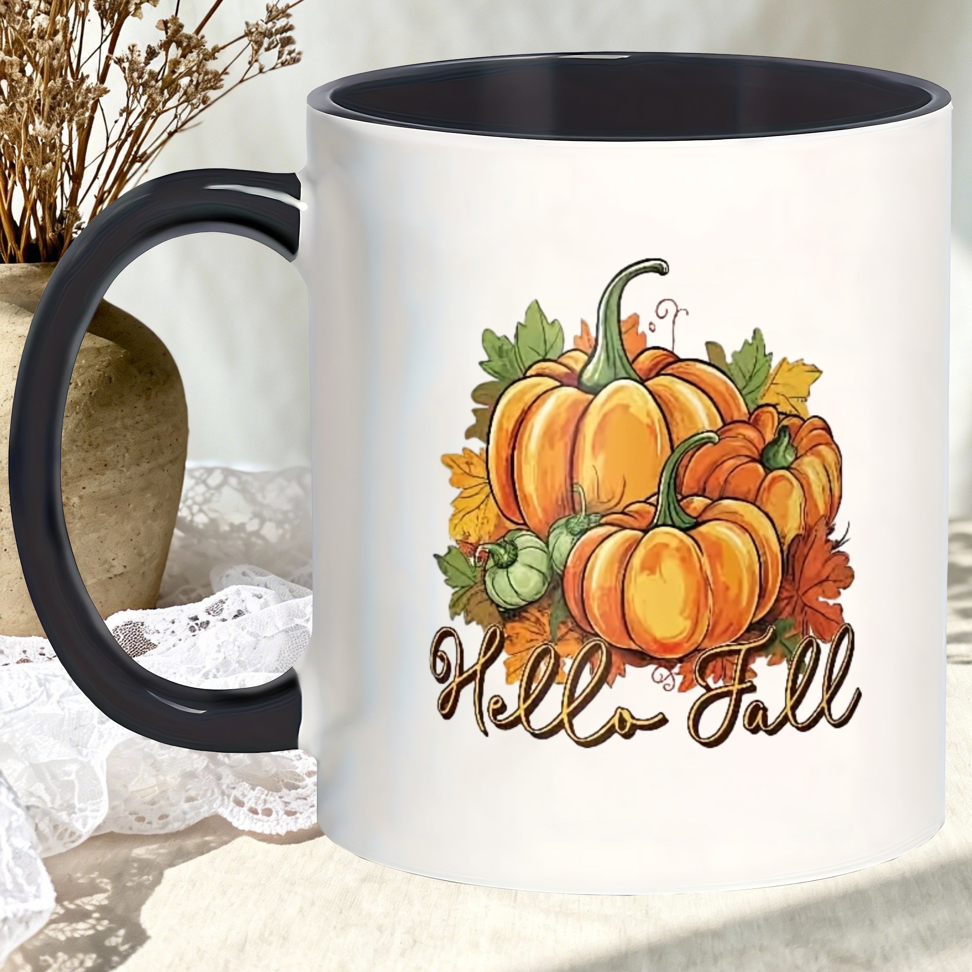 Tailorly Black Accent 11 oz Mug - pumpkin and leaf designs