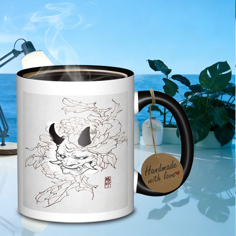 Tailorly Black Accent 11 oz Mug - oni mask and peonies