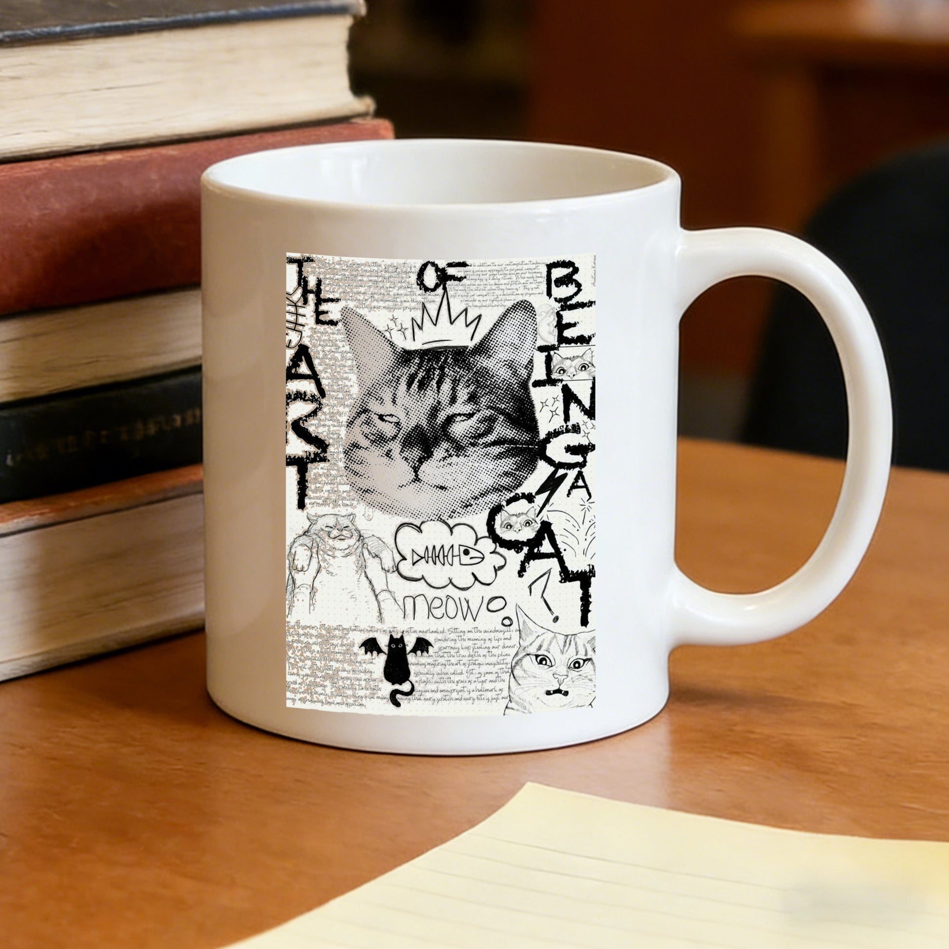 Tailorly White Ceramic 11 oz Mug - cat， newspaper collage