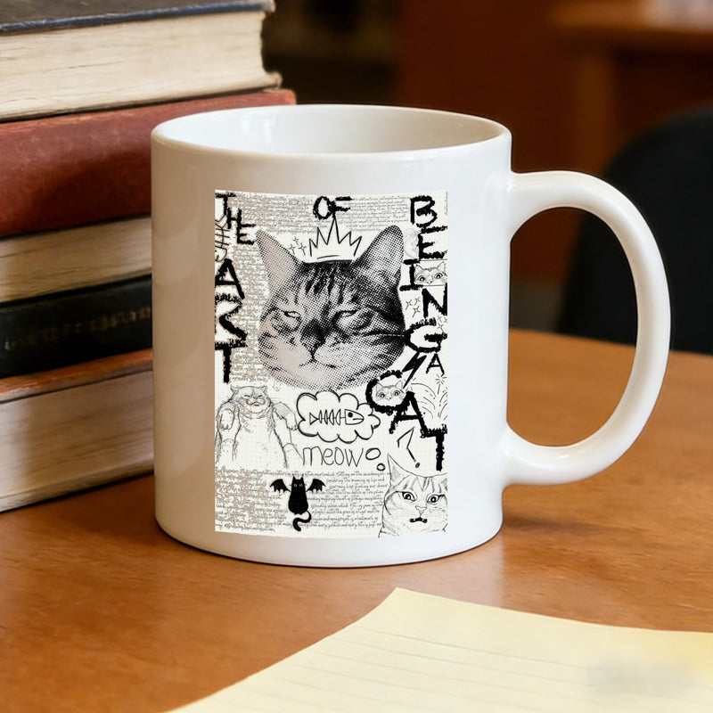 Tailorly White Ceramic 11 oz Mug - cat， newspaper collage